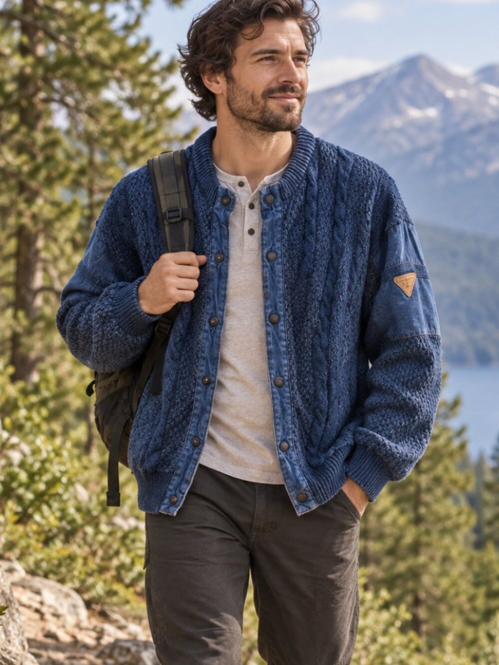 🌲 Blue Willi’s Indigo Knit Snap Cardigan | Denim Trim | Made in Denmark | Men S